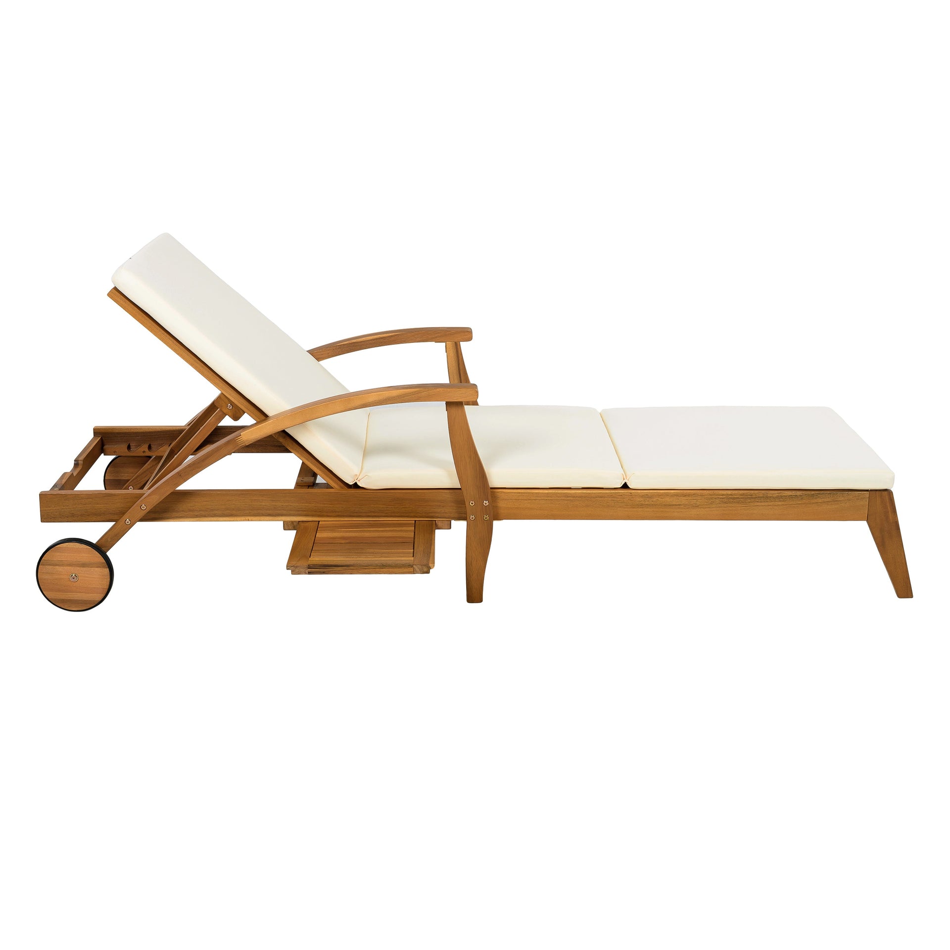 Versatile Chaise Lounge with Wheels - Acacia Wood Recliner for Patio, Cream Cushion, Adjustable Backrest