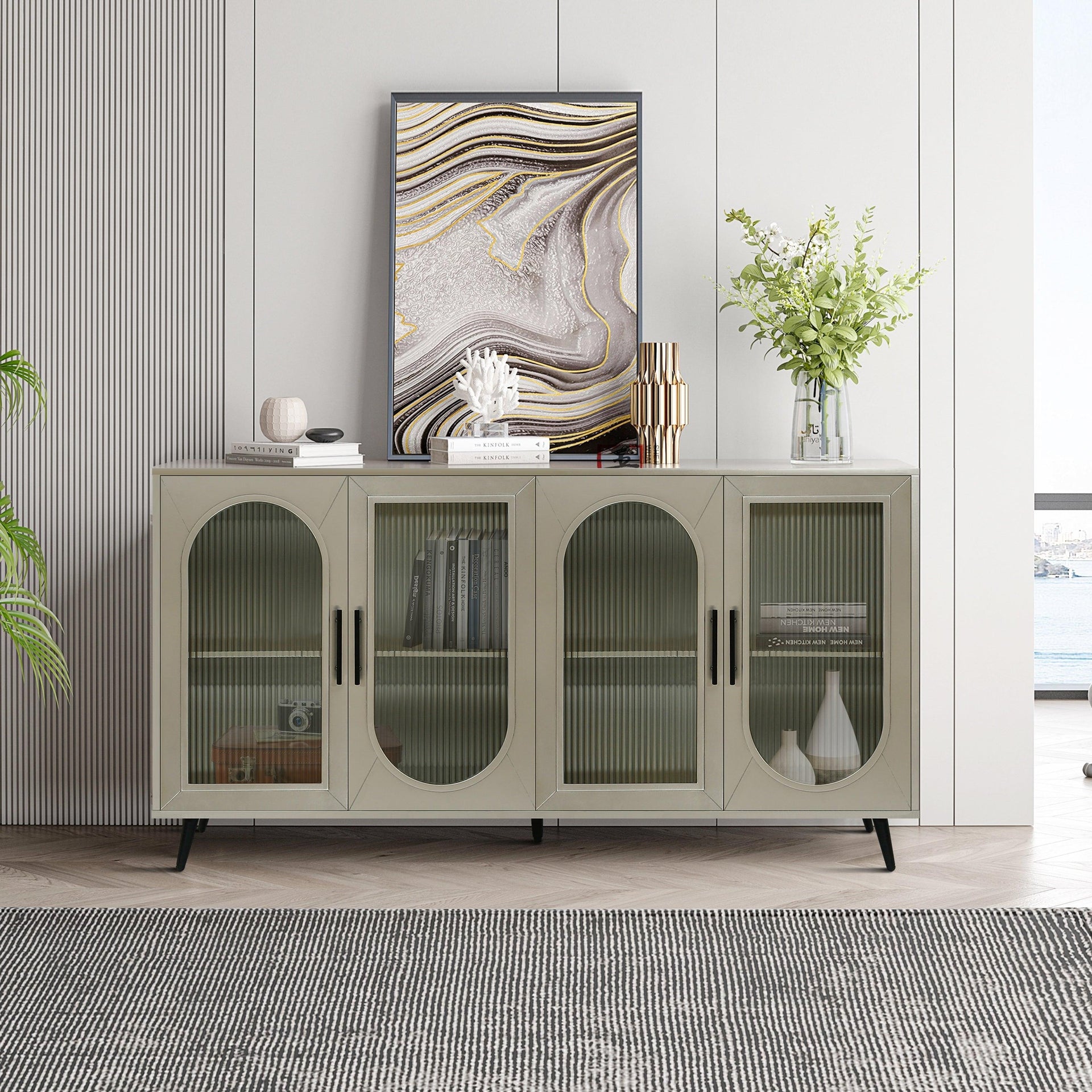 Wood TV Stand with Storage Cabinet & Adjustable Shelves