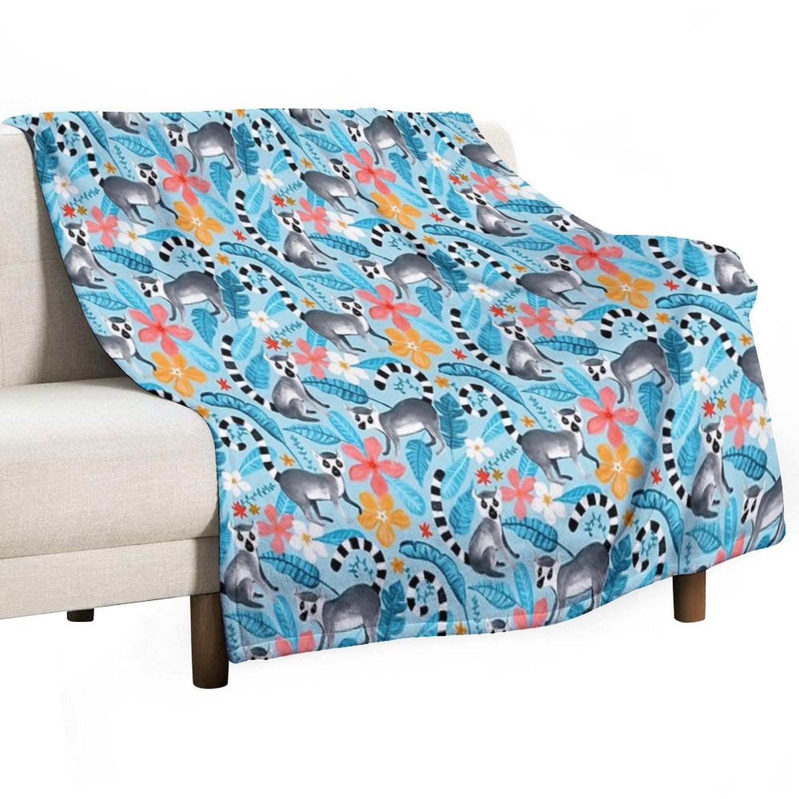 Gouache Lemur Land on Blue Throw Blanket