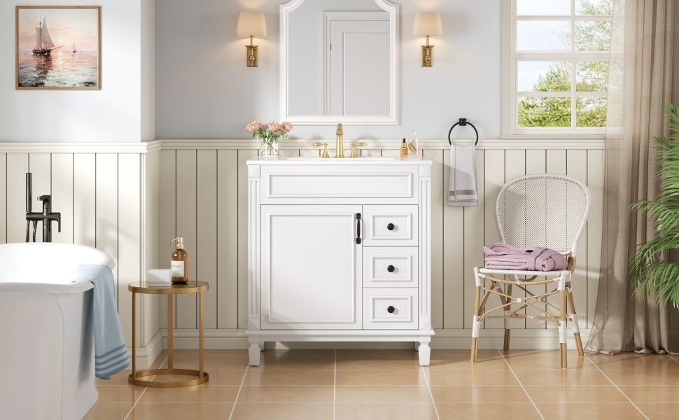 Bathroom Vanity with Ceramic Sink, Modern Cabinet with 2 Drawers & Shelf