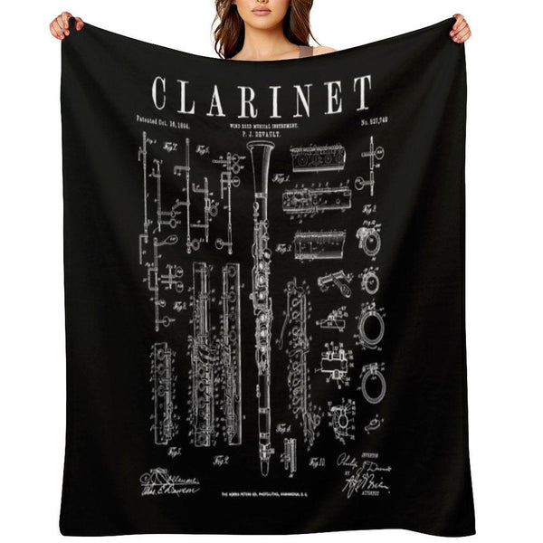 Clarinet Vintage Patent Clarinetist Drawing Print Throw Blanket