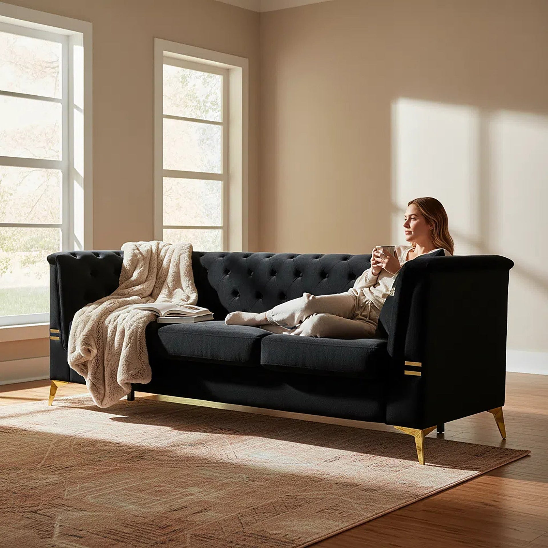 Black Velvet 3‑Seat Sofa