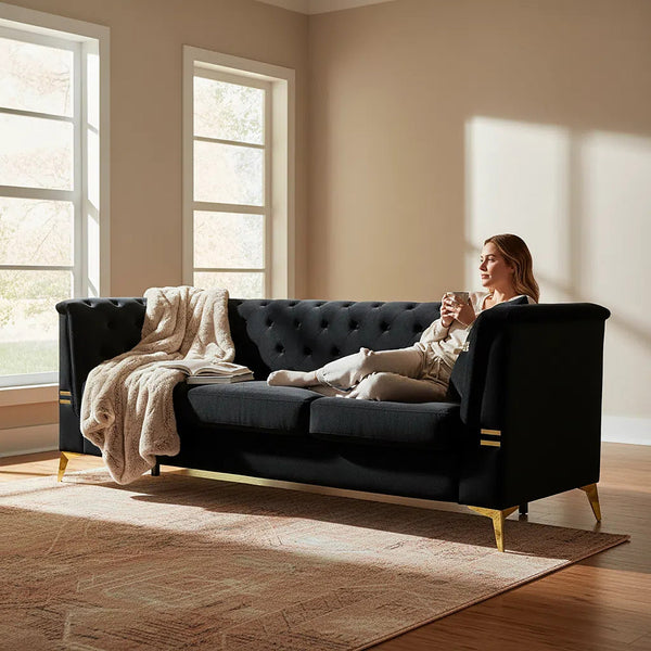 Black Velvet 3‑Seat Sofa
