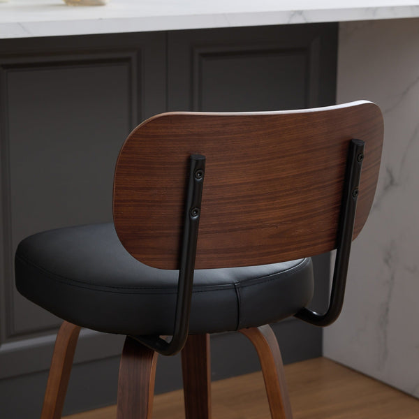 Black PU Leather and Walnut Bentwood Swivel Bar Stool Set