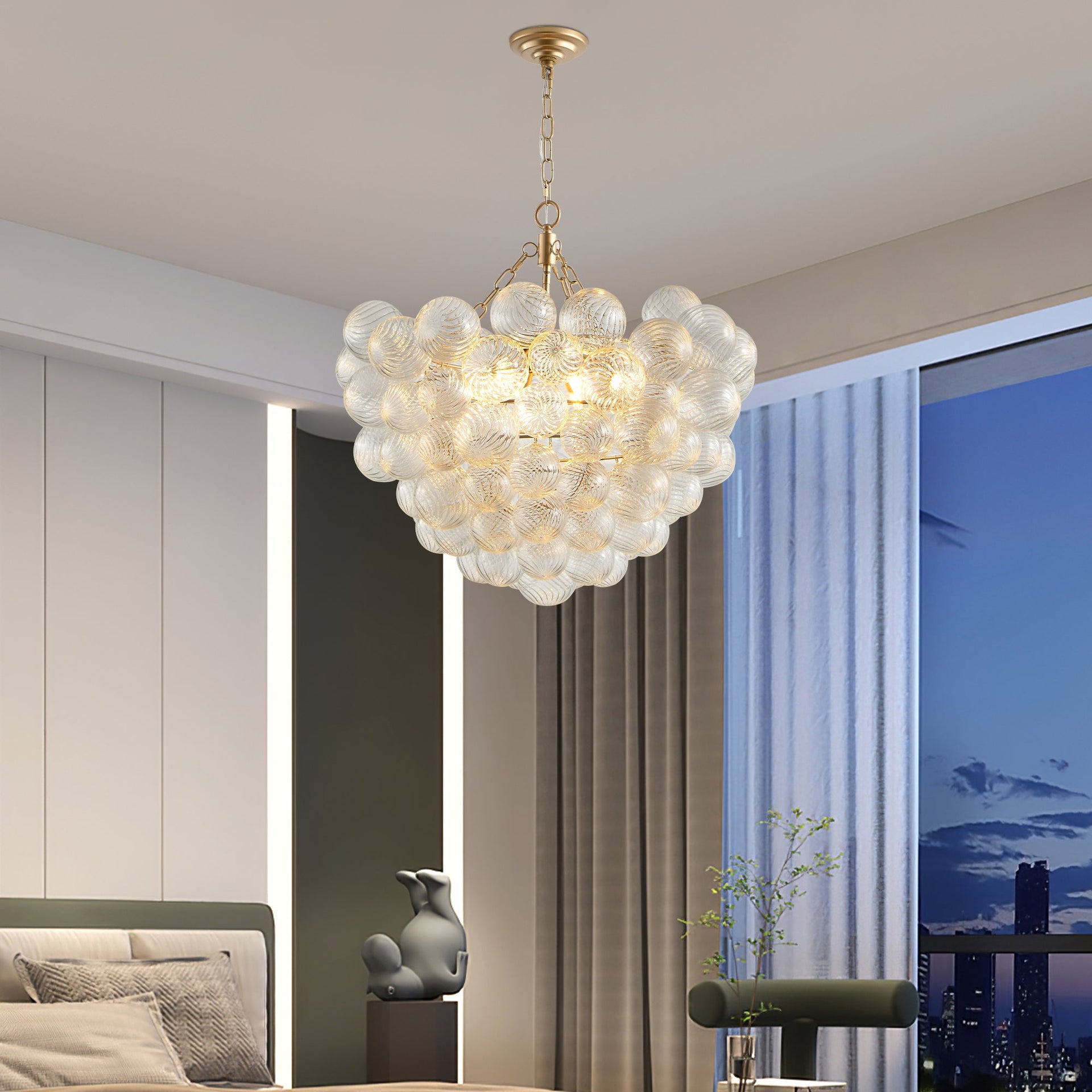Gold Pendant Chandelier with Threaded Clear Glass Globe Shade for Living, Dining & Kitchen