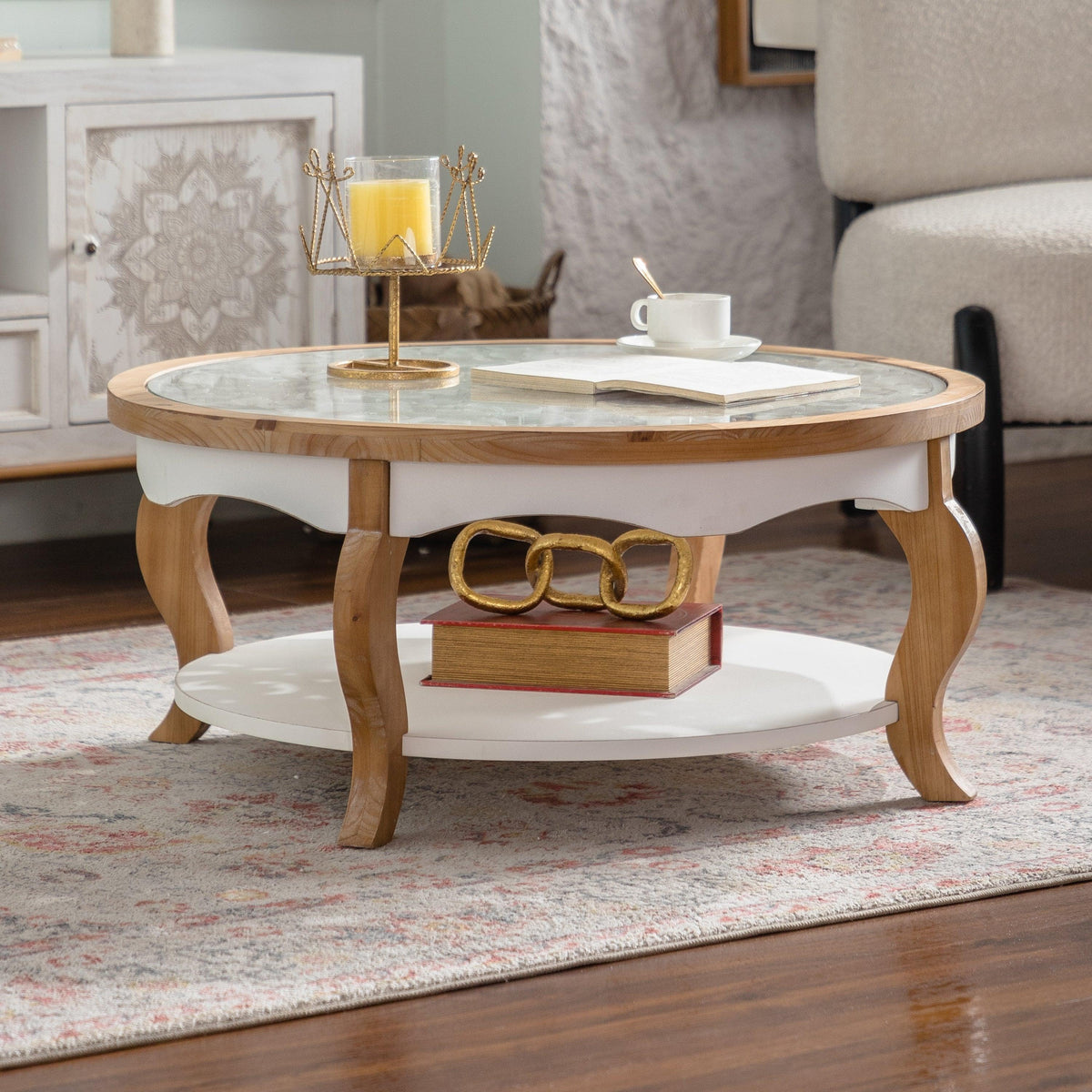 Farmhouse Round Glass Coffee Table with Open Storage Shelf & Antique White Finish