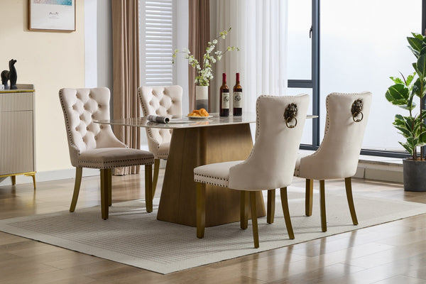 Mid-Century Modern Tufted Velvet Dining Chairs with Lion Head Pull Ring and Nailhead Trim