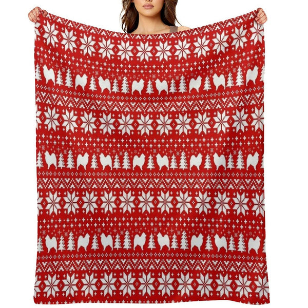 Samoyed Dog Silhouettes Red And White Christmas Holiday Pattern Plush Throw Blanket