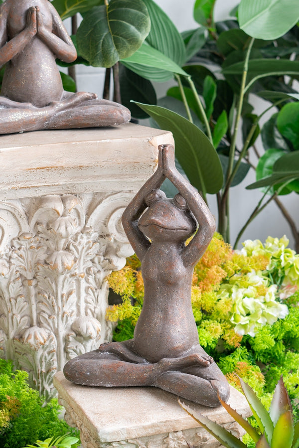Brown Magnesium Yoga Frog Figurine with Gold Accents Decorative Meditation Statue