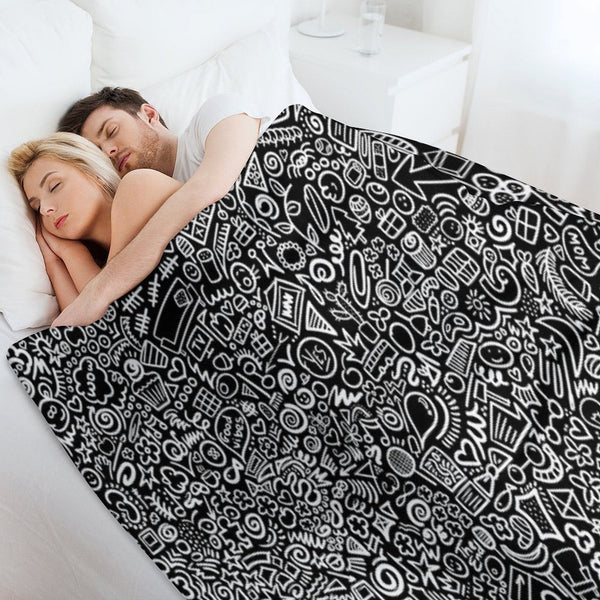 Hidden Images Doodle Art on Black Machine-washable Throw Blanket