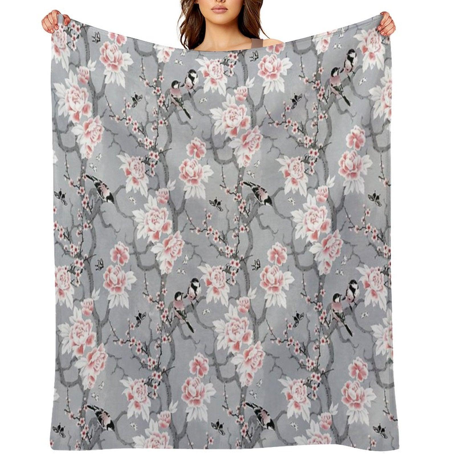 Chinoiserie Birds in Grey Throw Blanket