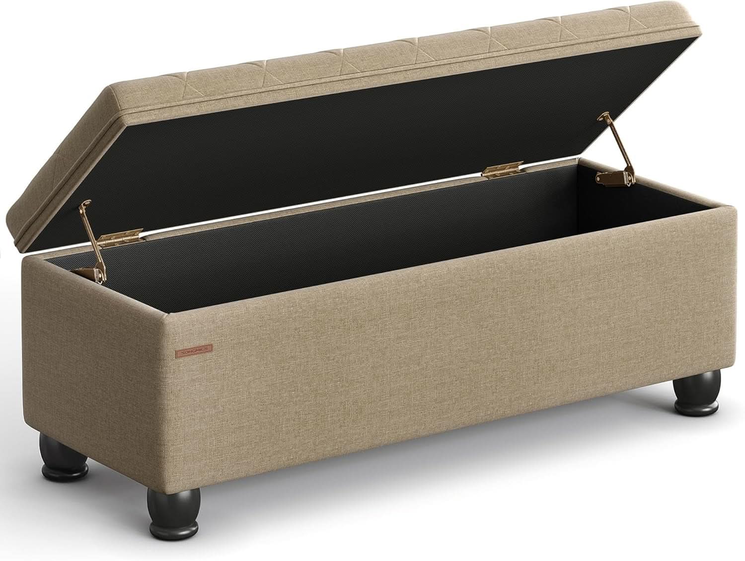 Camel Brown Linen Storage Ottoman Bench Reinforced