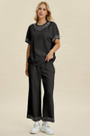 Double Take Full Size Pearl Detail Round Neck Top Pants Set - Black / 1XL