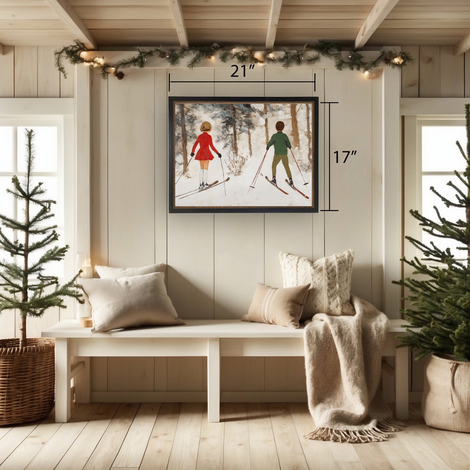 Vintage Oil Painting of Boy and Girl Skiing