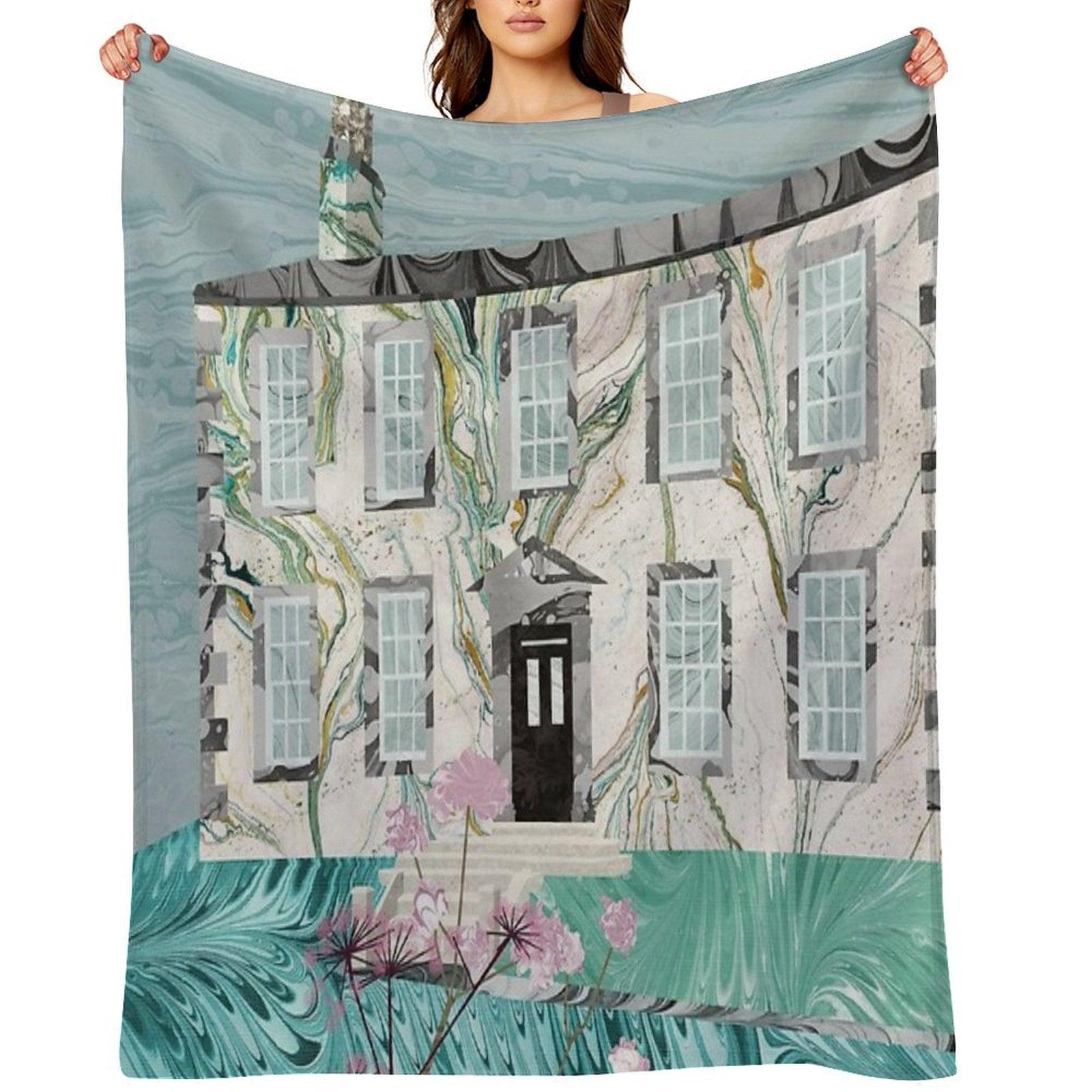 The Bronte Sisters' Parsonage,Haworth  Collage in Marbled Bookbinding Paper Throw Blanket