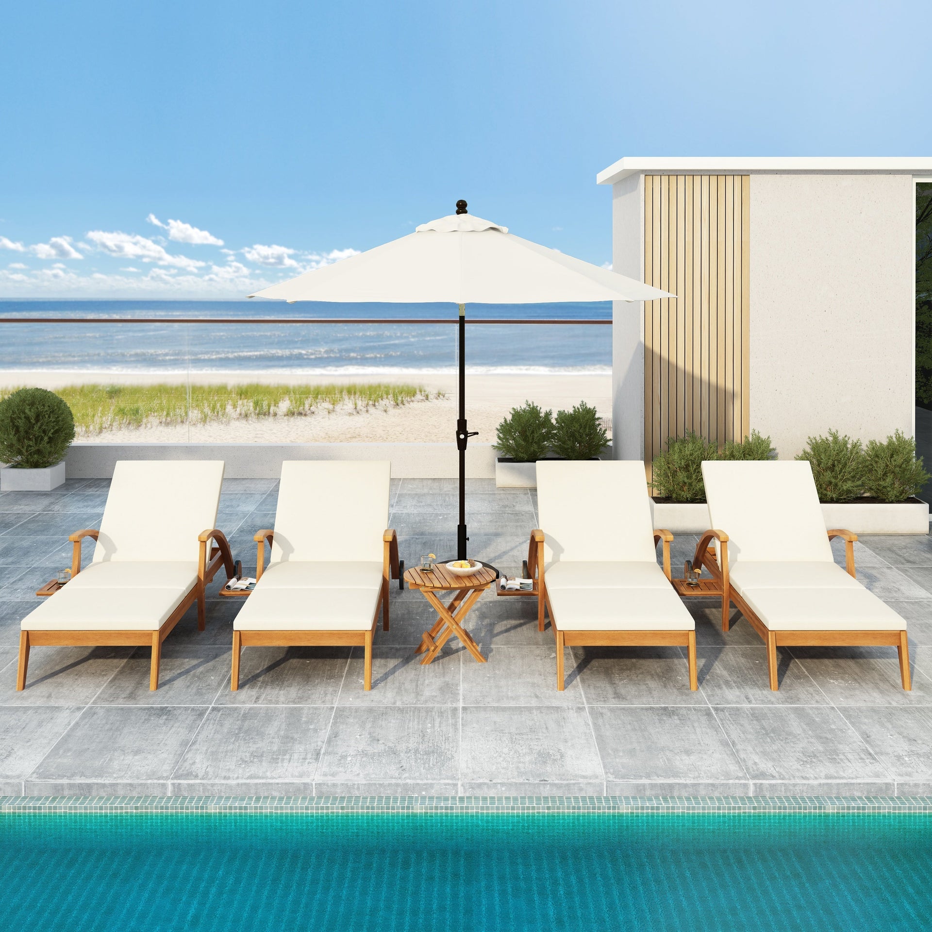 Versatile Chaise Lounge with Wheels - Acacia Wood Recliner for Patio, Cream Cushion, Adjustable Backrest