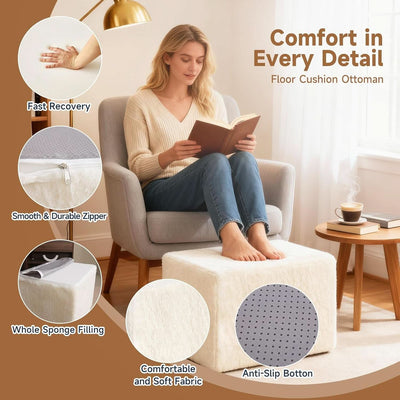 Cream Square Luxurious Upholstered Foam Pouf Ottoman
