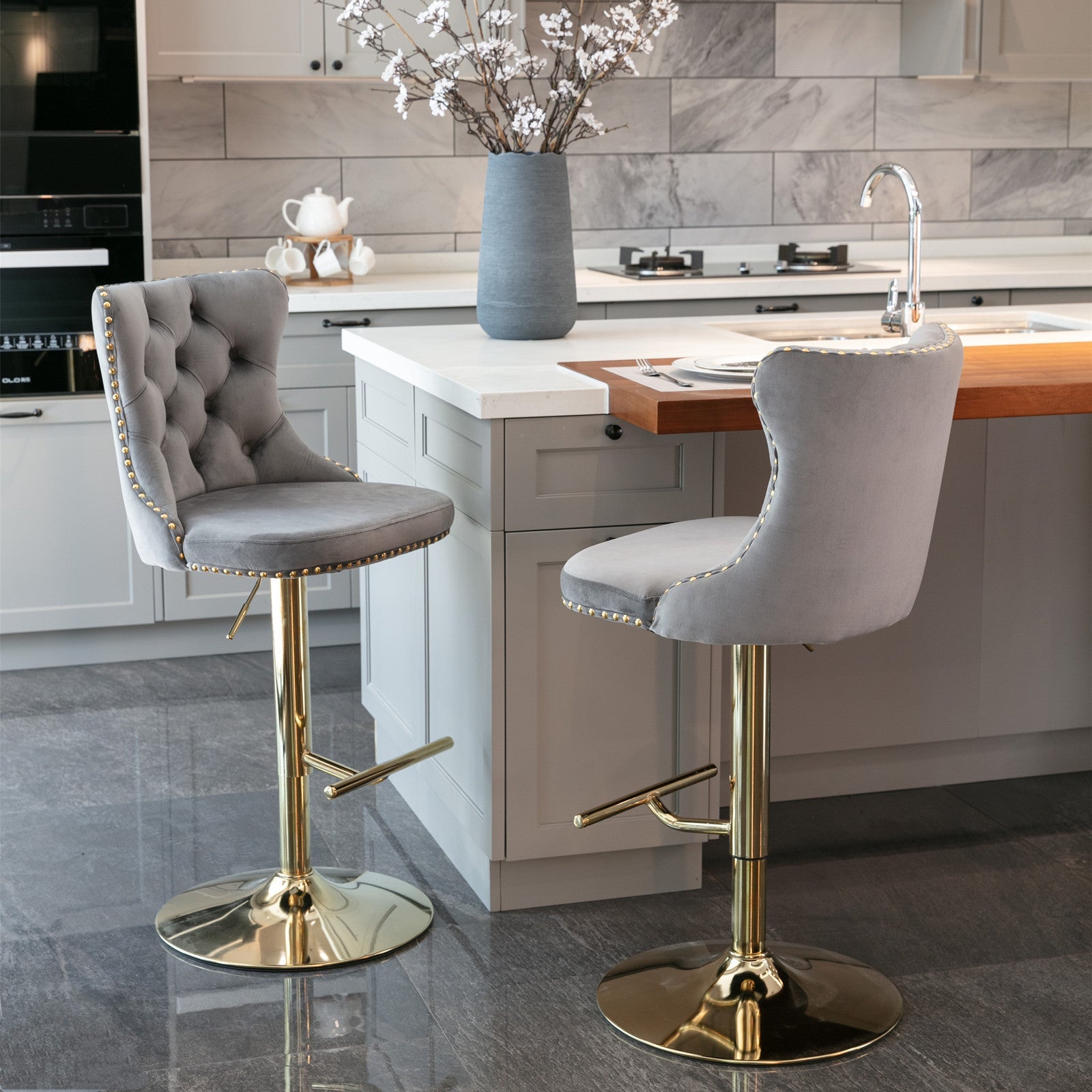 Golden Swivel Velvet Adjustable Barstools with Backs Upholstered Tufted for Home Pub