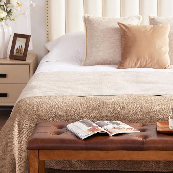 Oversized Brown Faux Leather Upholstered Ottoman Bench