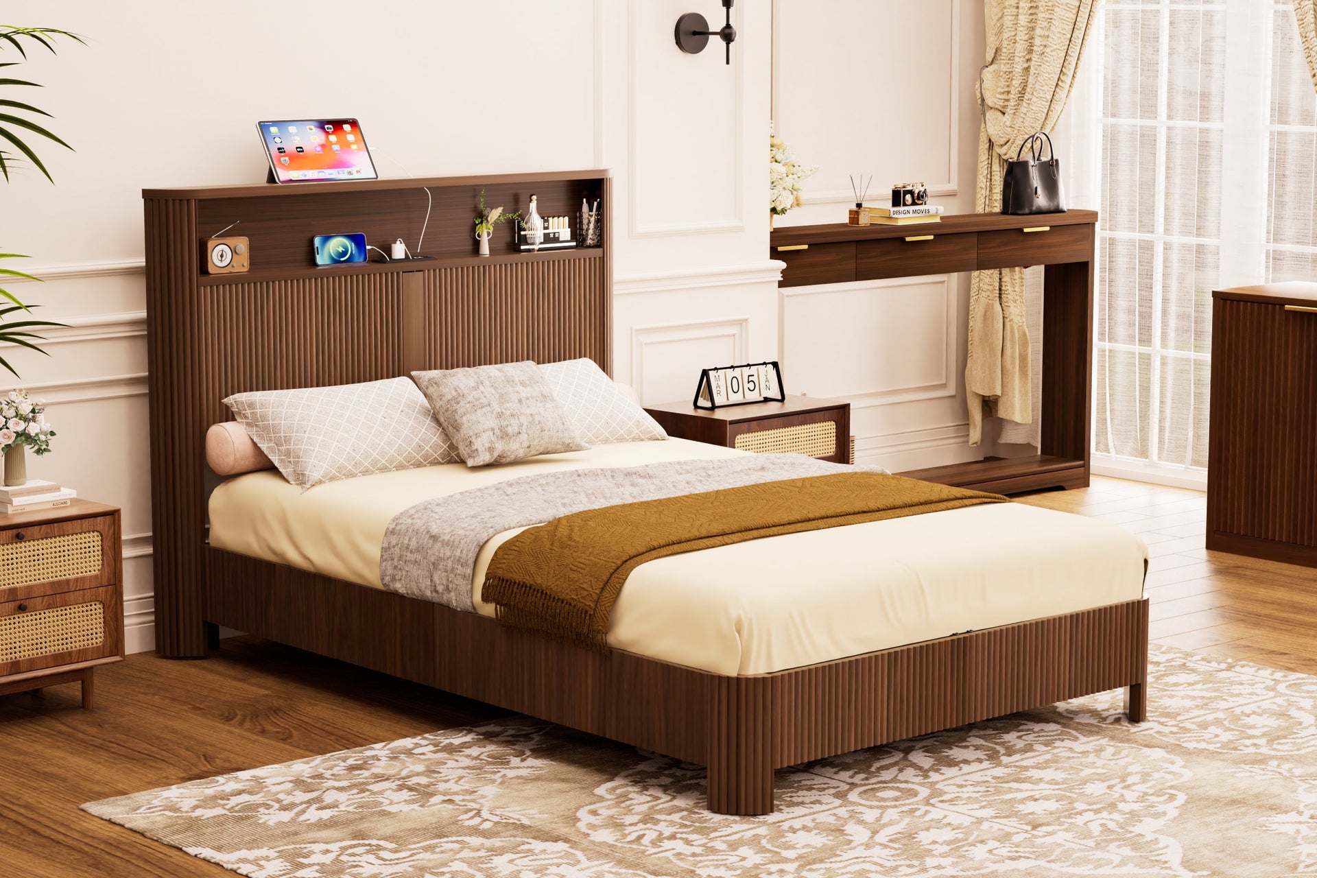 Full Extra Long Size Bed Frame with Storage Headboard