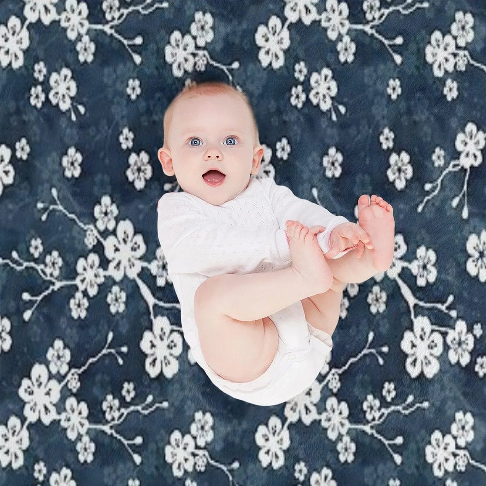 Navy And White Cherry Blossom Pattern Throw Blanket