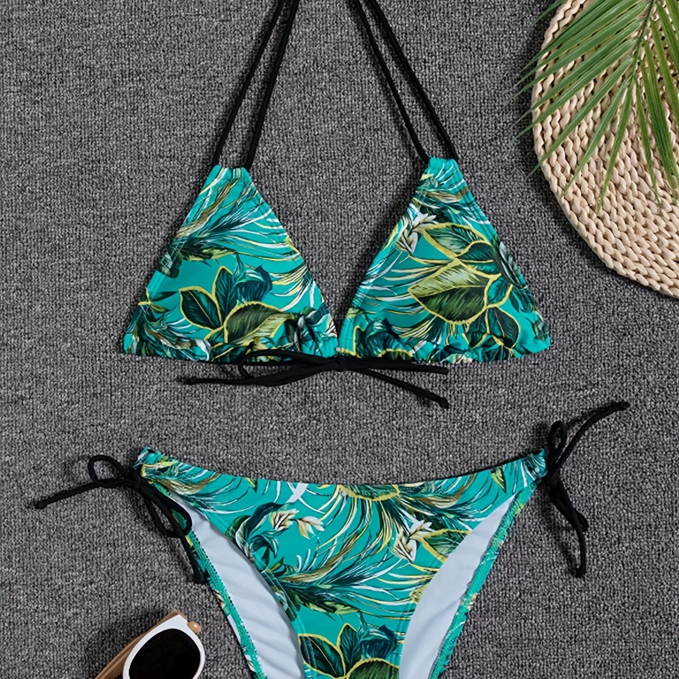 Sunset Bloom 2-Piece Triangle Bikini Set for Women – Vibrant Random Floral Print Halter Neck Swimsuit with Tie-Back Tie-Side Bottoms & High Cut Legs – Women's High-Stretch Swimwear for Summer Beach Escapes
