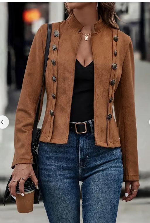 Double-row Metal Buckle Deerskin Velvet Retro Long-sleeved Coat