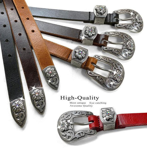 Western Leather Rhinestone Antique Floral Engraved Buckle Belt