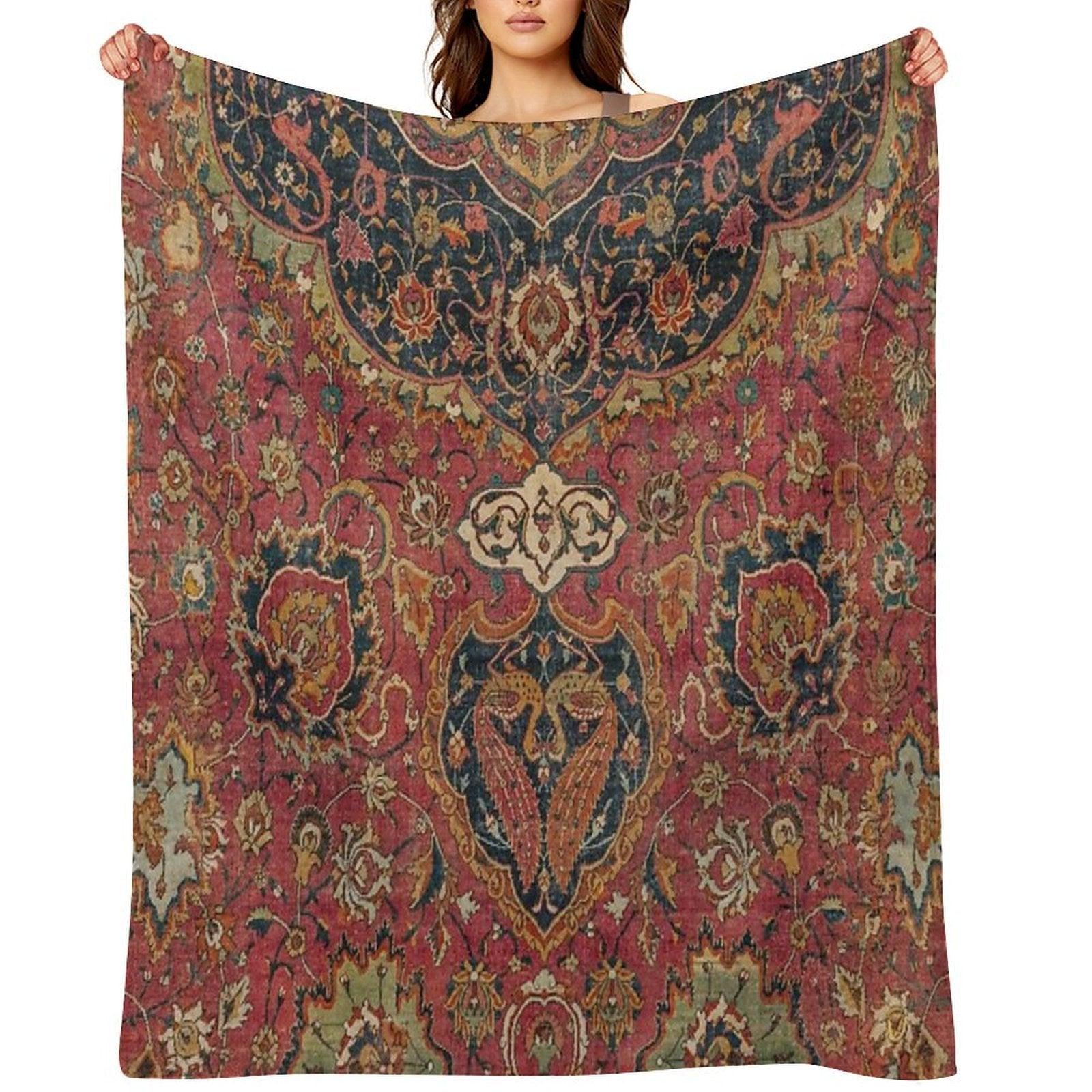 Persian Medallion Rug VIII  16th Century Distressed Red Green Blue Flowery Colorful Ornate Pattern Throw Blanket