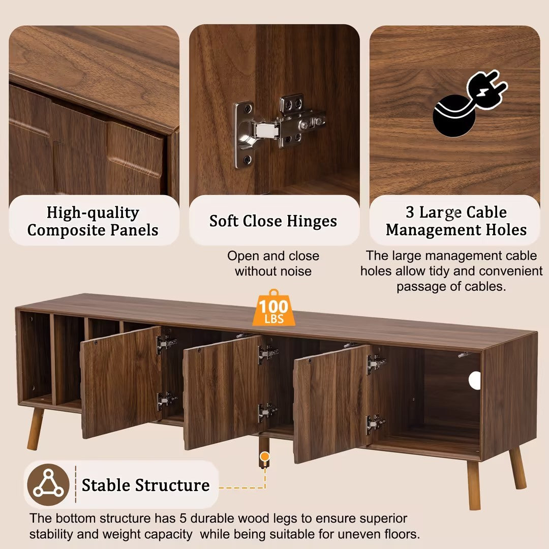 70' Mid-Century Modern TV Stand, Media Console Table for TVs up to 80'', Entertainment Center with 5 Solid Wood Legs for Living Room, Bedroom