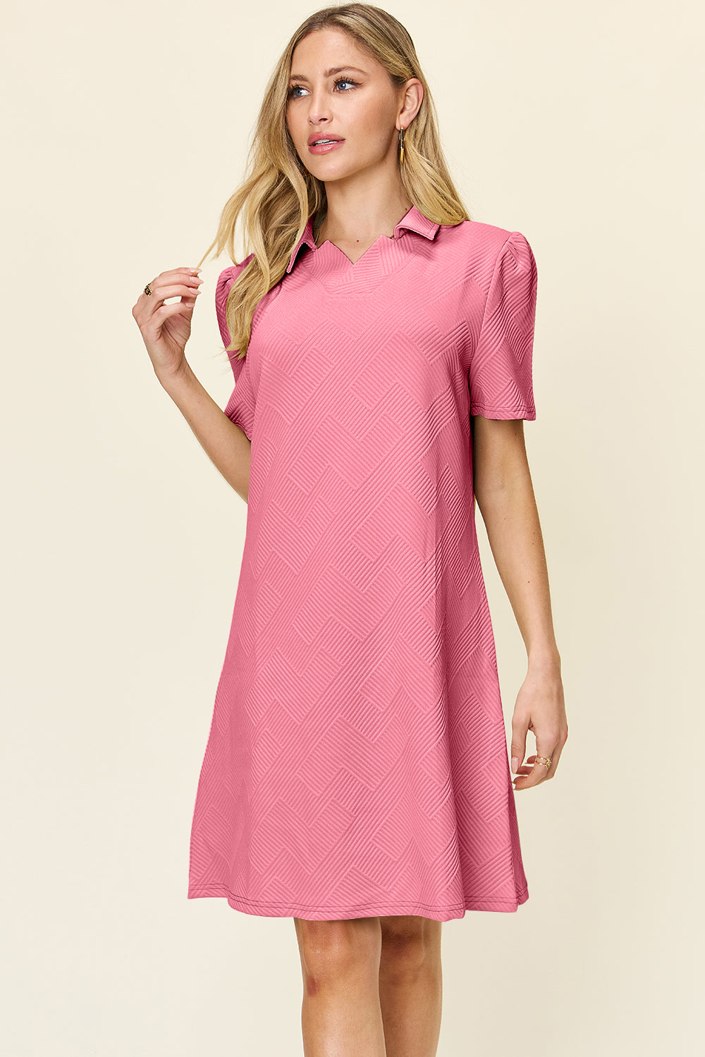 Double Take Full Size Texture Collared Neck Short Sleeve Dress Textured Dress For Women