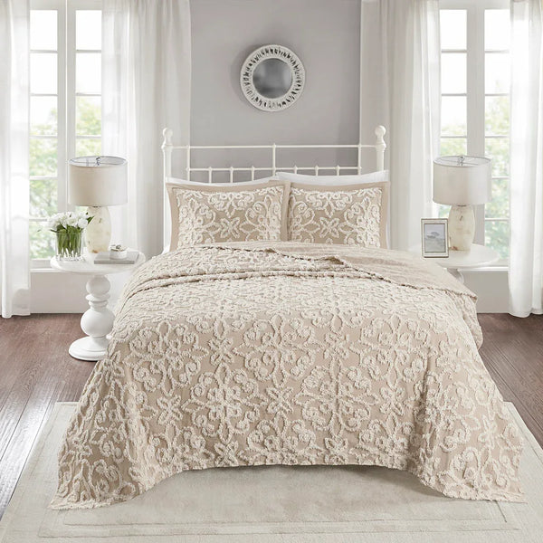 Sabrina 3 Piece Tufted Cotton Chenille Bedspread Set - Taupe - Gifts for You 'n Me