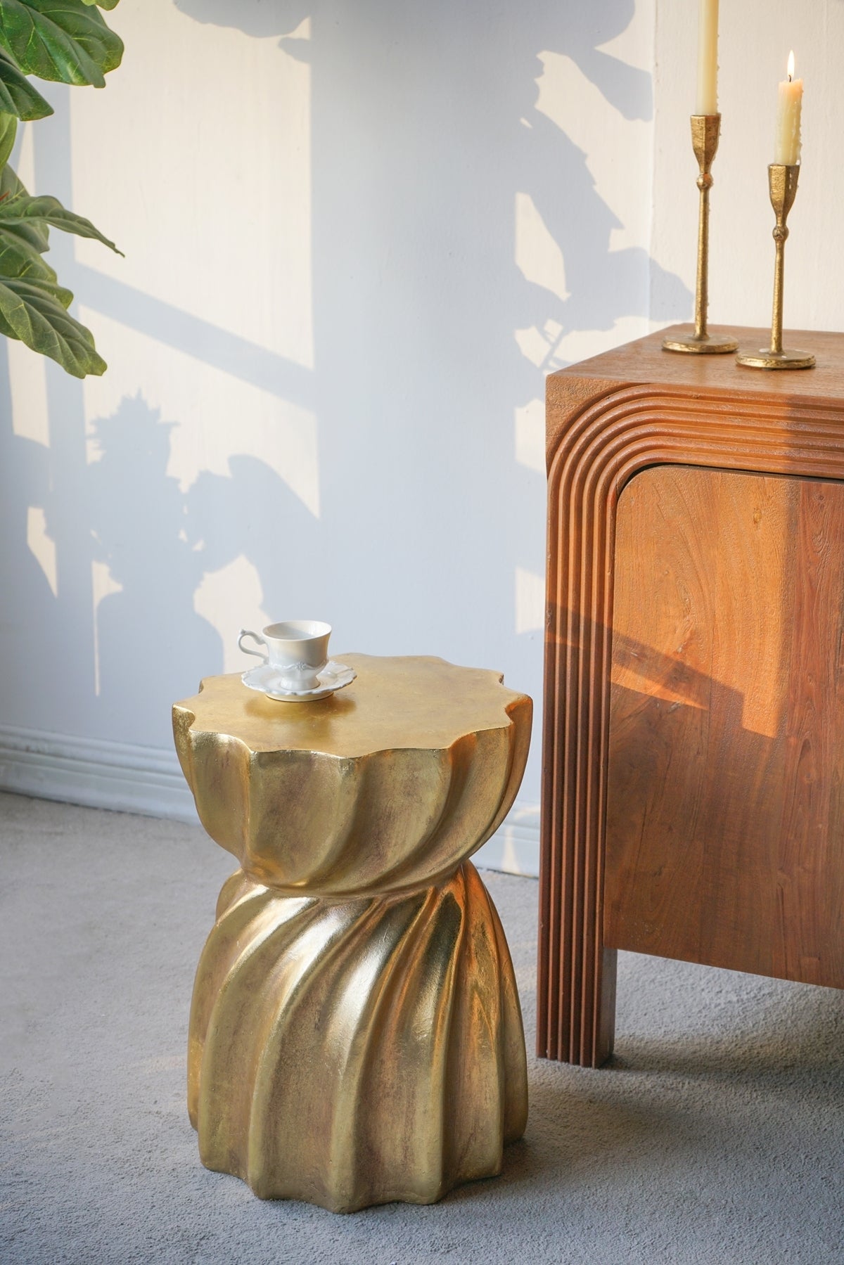 14x14x18.7' Gold Magnesium Accent Stool with Sculptural Swirl Design, Contemporary Side Table, Decorative Display Stand, or Extra Seating Option