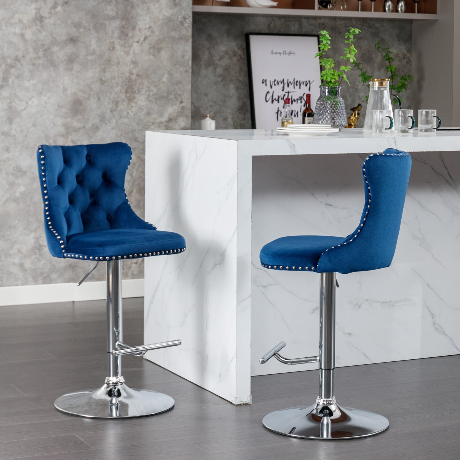 Modern Swivel Velvet Adjustable Height Upholstered Tufted Bar Stools with Backs