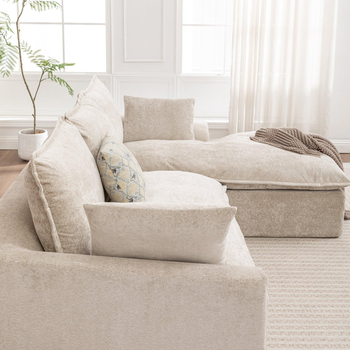 Ivory Chenille L‑Shaped Modular Sectional Compressed Sofa
