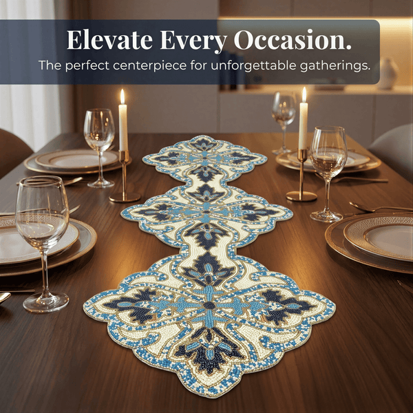 Beaded Table Runner – Blue White, 54x13 Inch