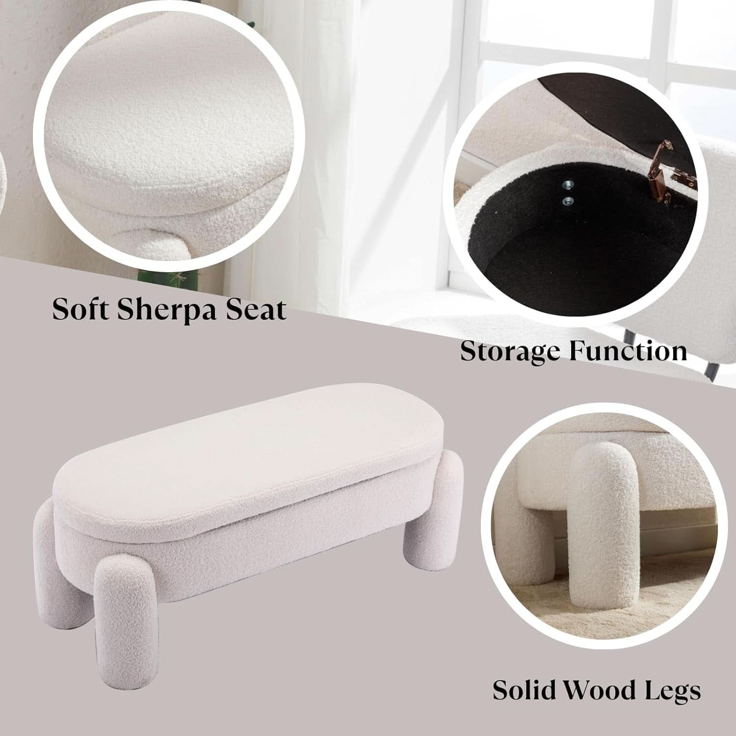 44.7-Inch White Boucle Upholstered Storage Ottoman Bench