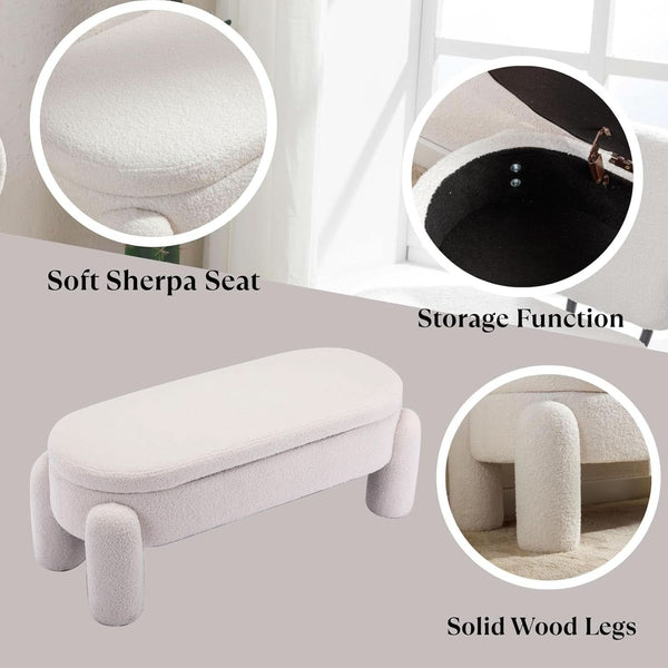 44.7-Inch White Boucle Upholstered Storage Ottoman Bench
