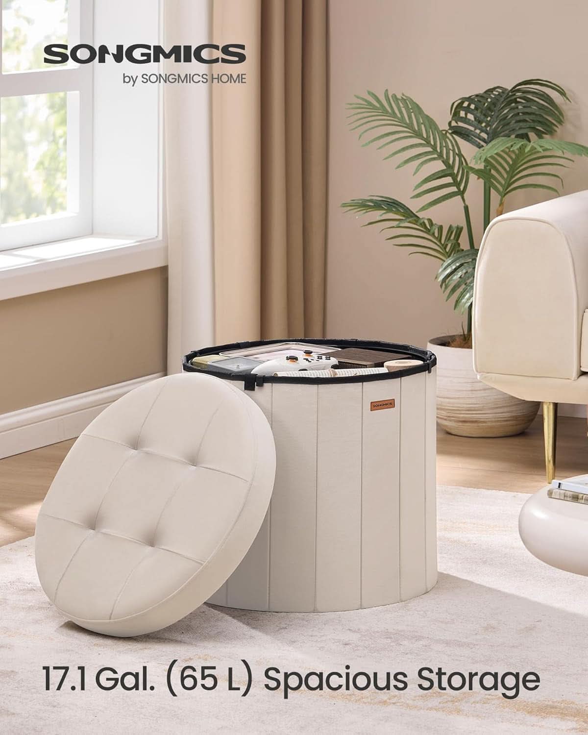 Round Folding Storage Ottoman Cappuccino Beige Velvet