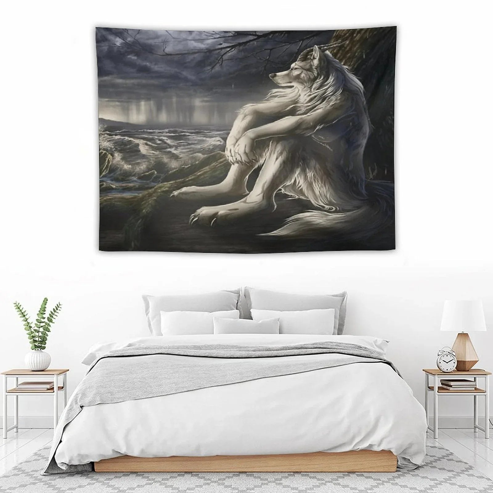 Emo White Wolf Sitting Sad Meme Tapestry