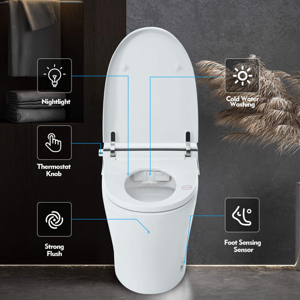 1/1.28 GPF Smart Compact Dual Flush Tankless Toilet Bidet Combo With Self-Cleaning Nozzle And Foot Sensor Flush (SAK58021)