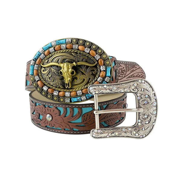TOPACC Western Turquoise Belts - Turquoise Longhorn Cow Bull Belt Buckle Copper/Bronze - Gifts for You 'n Me