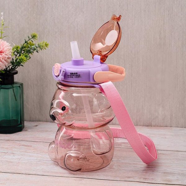 800ML Water Bottle for Kids with Straw Mug Cup Bear Summer Outdoor Sport Plastic Girls School Cute Drinking Cup Bear Water Bottle with Straw and Strap Cute Water Bottles for Kids Drinking Water Bottles Portable Leak Proof