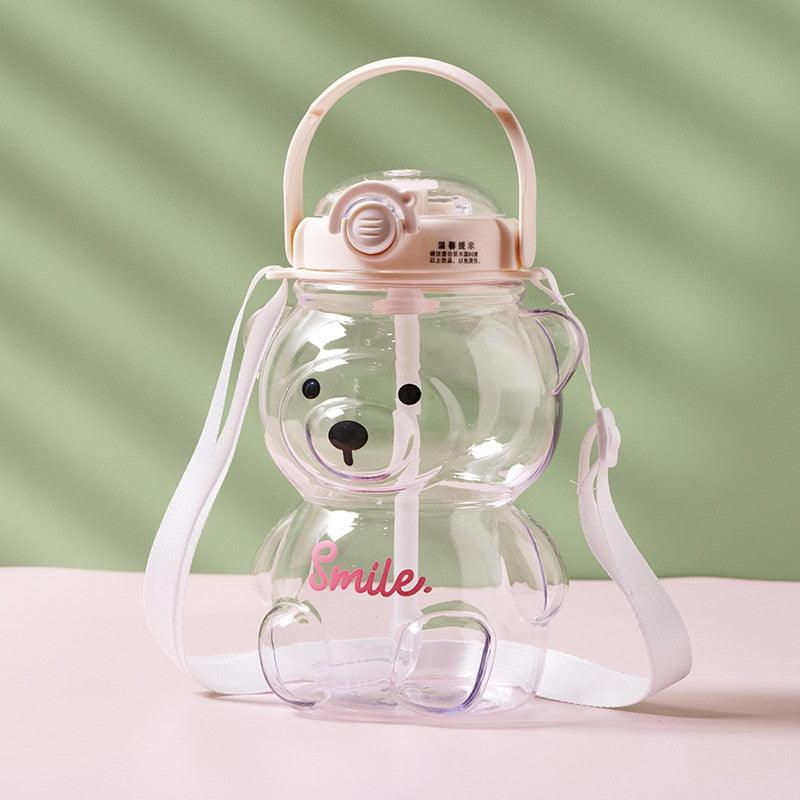 800ML Water Bottle for Kids with Straw Mug Cup Bear Summer Outdoor Sport Plastic Girls School Cute Drinking Cup Bear Water Bottle with Straw and Strap Cute Water Bottles for Kids Drinking Water Bottles Portable Leak Proof