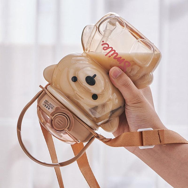 800ML Water Bottle for Kids with Straw Mug Cup Bear Summer Outdoor Sport Plastic Girls School Cute Drinking Cup Bear Water Bottle with Straw and Strap Cute Water Bottles for Kids Drinking Water Bottles Portable Leak Proof