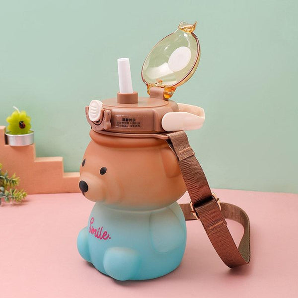 800ML Water Bottle for Kids with Straw Mug Cup Bear Summer Outdoor Sport Plastic Girls School Cute Drinking Cup Bear Water Bottle with Straw and Strap Cute Water Bottles for Kids Drinking Water Bottles Portable Leak Proof