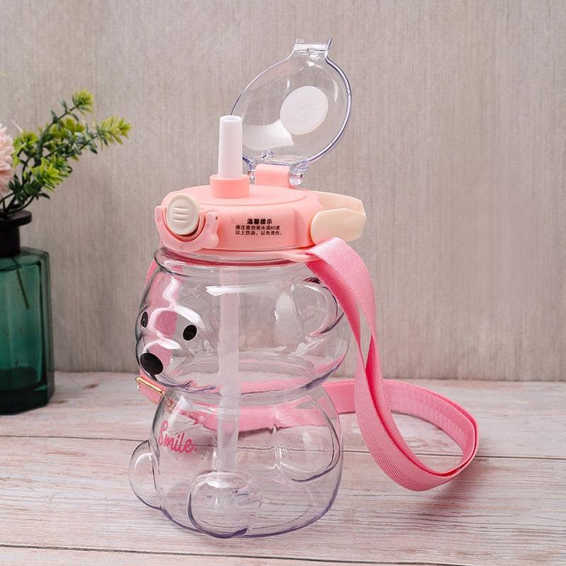 800ML Water Bottle for Kids with Straw Mug Cup Bear Summer Outdoor Sport Plastic Girls School Cute Drinking Cup Bear Water Bottle with Straw and Strap Cute Water Bottles for Kids Drinking Water Bottles Portable Leak Proof