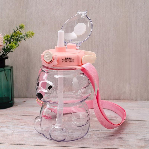 800ML Water Bottle for Kids with Straw Mug Cup Bear Summer Outdoor Sport Plastic Girls School Cute Drinking Cup Bear Water Bottle with Straw and Strap Cute Water Bottles for Kids Drinking Water Bottles Portable Leak Proof