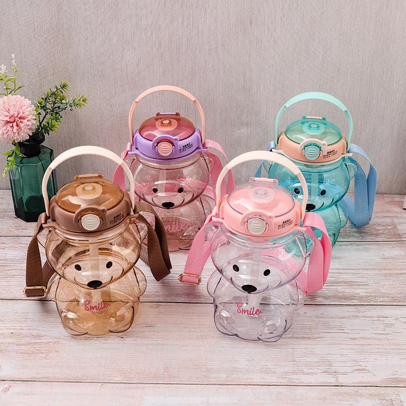 800ML Water Bottle for Kids with Straw Mug Cup Bear Summer Outdoor Sport Plastic Girls School Cute Drinking Cup Bear Water Bottle with Straw and Strap Cute Water Bottles for Kids Drinking Water Bottles Portable Leak Proof