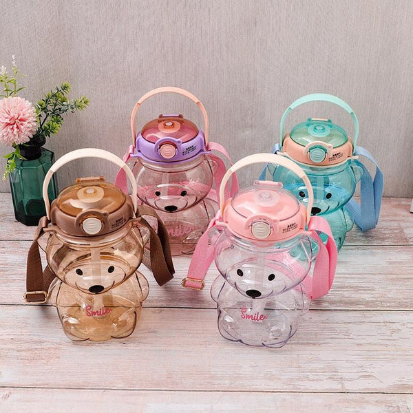 800ML Water Bottle for Kids with Straw Mug Cup Bear Summer Outdoor Sport Plastic Girls School Cute Drinking Cup Bear Water Bottle with Straw and Strap Cute Water Bottles for Kids Drinking Water Bottles Portable Leak Proof